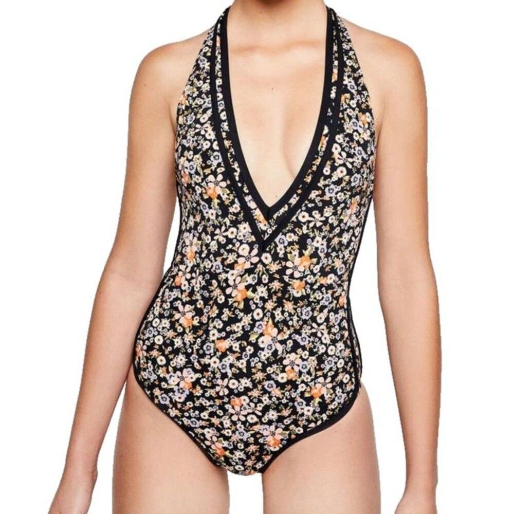 NEW BCBGeneration Women's Floral Stripe Deep Plunge Racerback Swimsuit S Black
